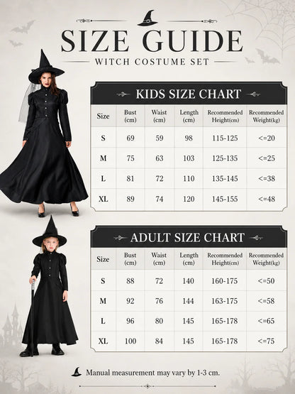 Family Matching Witch Costume for Women Girls, Classic Black Long Gown with Pointed Hat, Halloween Carnival Theme Party Cosplay Fancy Dress‑up