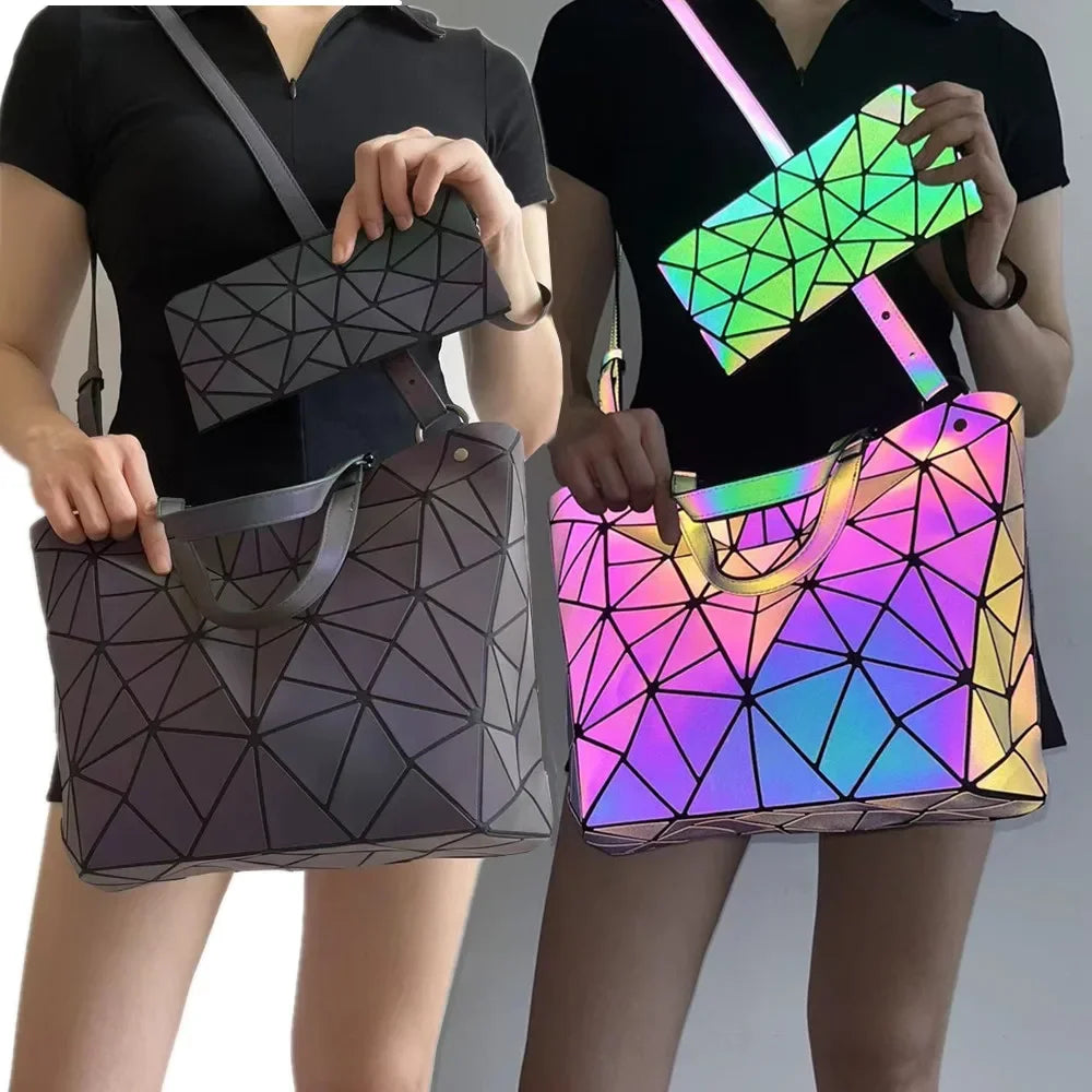 1pcs 2pcs 3pcs Women's Fashion Messenger Bags Laser Luminous Rhombus Folding Shoulder Bag Cool Tote + Rectangle Zipper Wallet