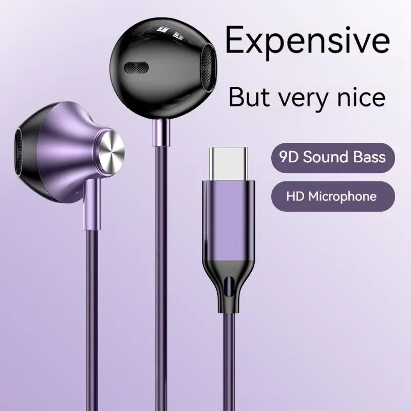 #9D Stereo Type C&3.5mm Gamers Headsets Wired Earphones In-ear Headphone HiFi Bass Earphones for Samsung Earbud In Mic Handsfree