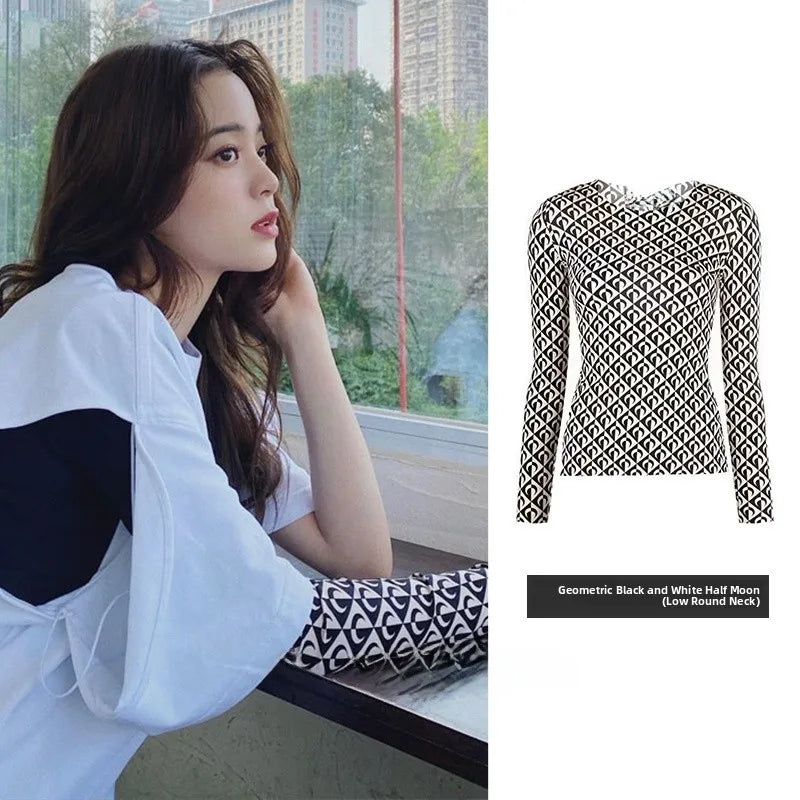Sweet Two Piece Set Women American Retro Layered Outfit Long Sleeve Moon Print Top Ice Silk Pants Sexy Casual Autumn Fashion