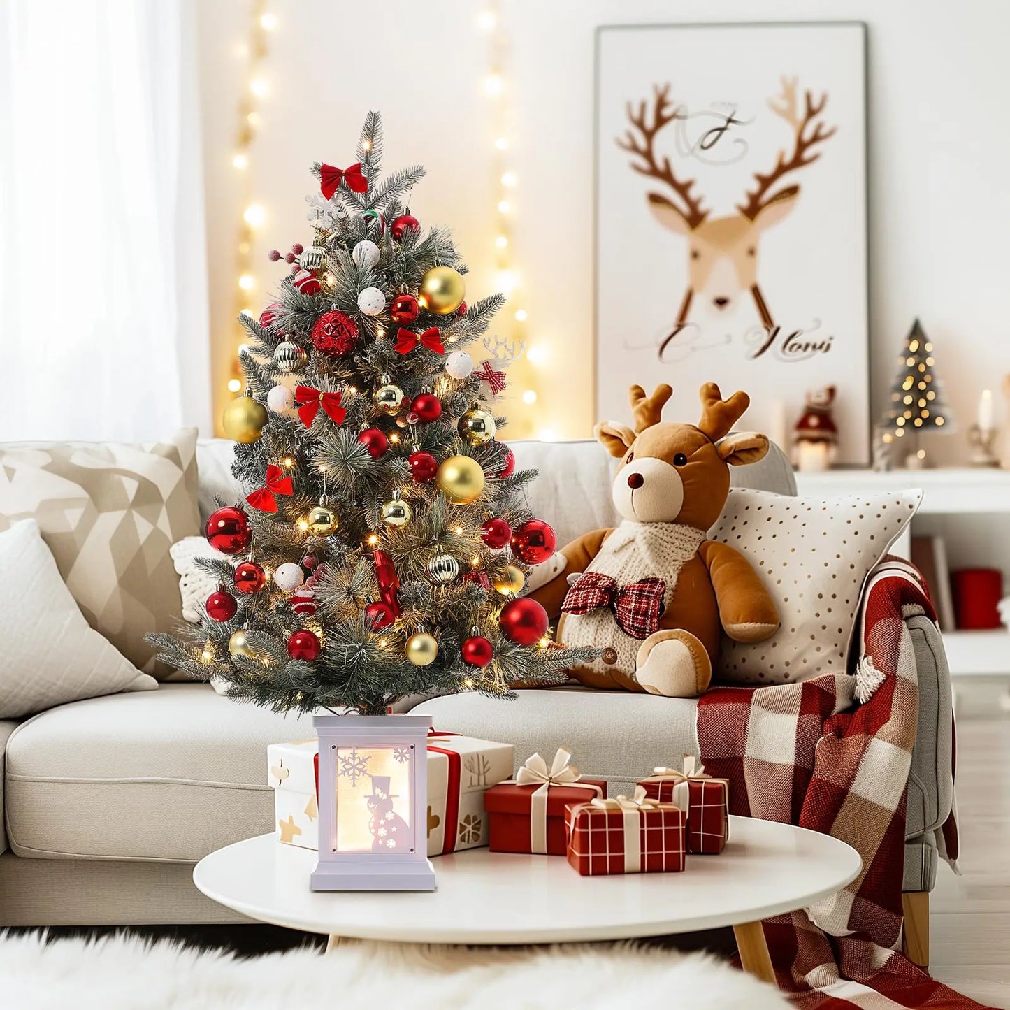 3FT Prelit Artificial Christmas Tree with Lights 3 Foot Artificial Christmas Tree with Snowflake Base 78 LED Prelit Christmas Tree Battery Operated Timer Easy Assembly Winter Holiday Decor