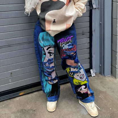 Women's 2023 New Street Fashion INS Network Red American Individualized Girls' Graphic Print Perforated Beggar Denim Pants