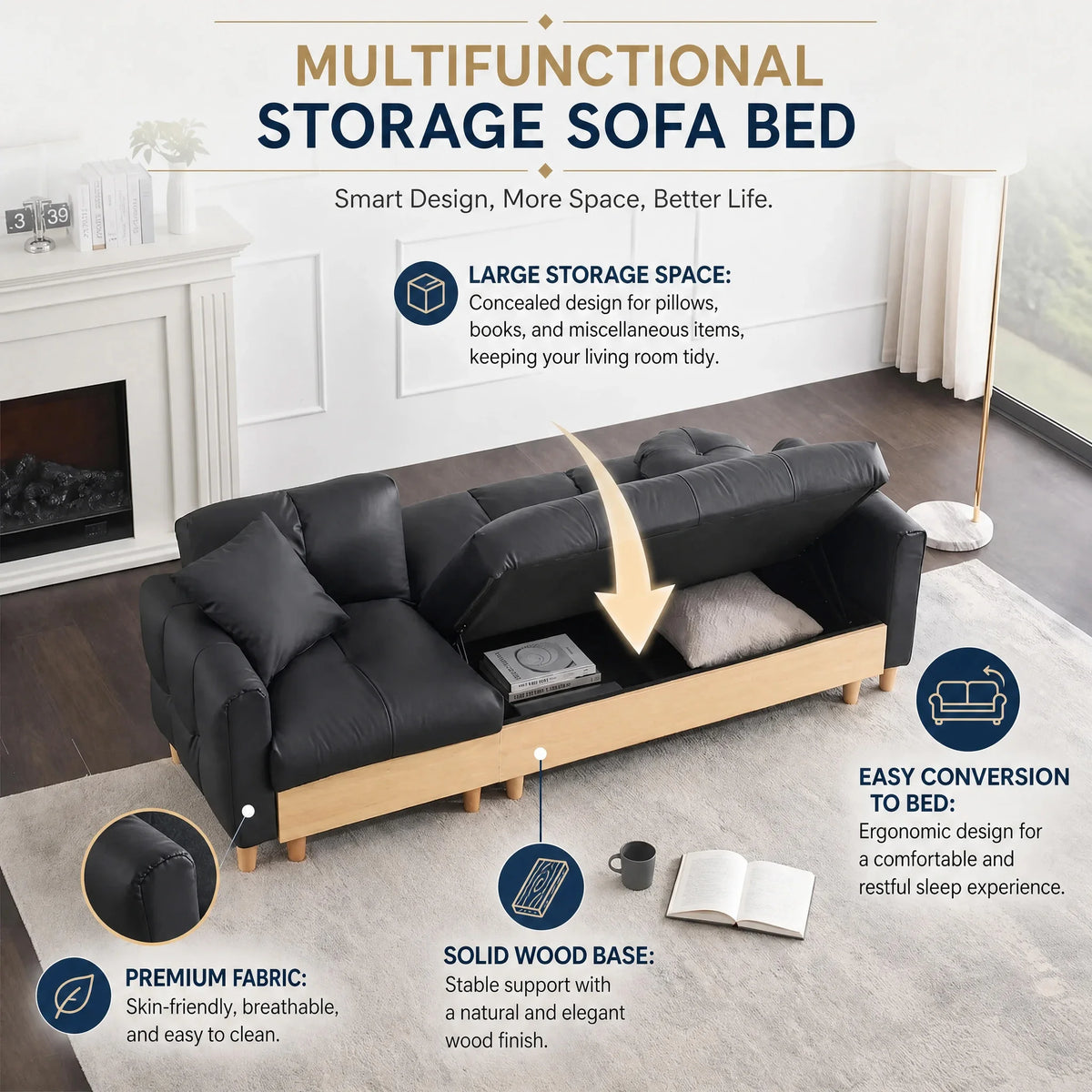86.61-inch Fabric Sofa Convertible Into A Sofa Bed And Equipped With Storage Function Suitable For Use In Meeting Rooms Living Rooms And Bedrooms