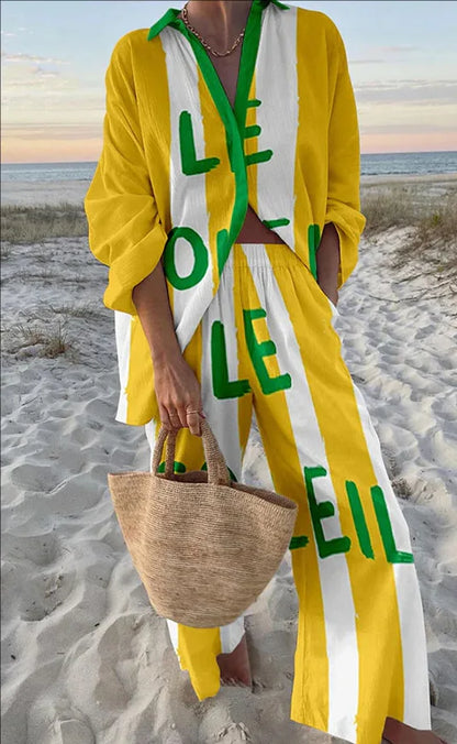 Fashion Print Beach Holiday 2-Piece Set Women Spring Summer Long Sleeve Shirt Top + Wide Legs Women's Oversized Two-Piece Outfit