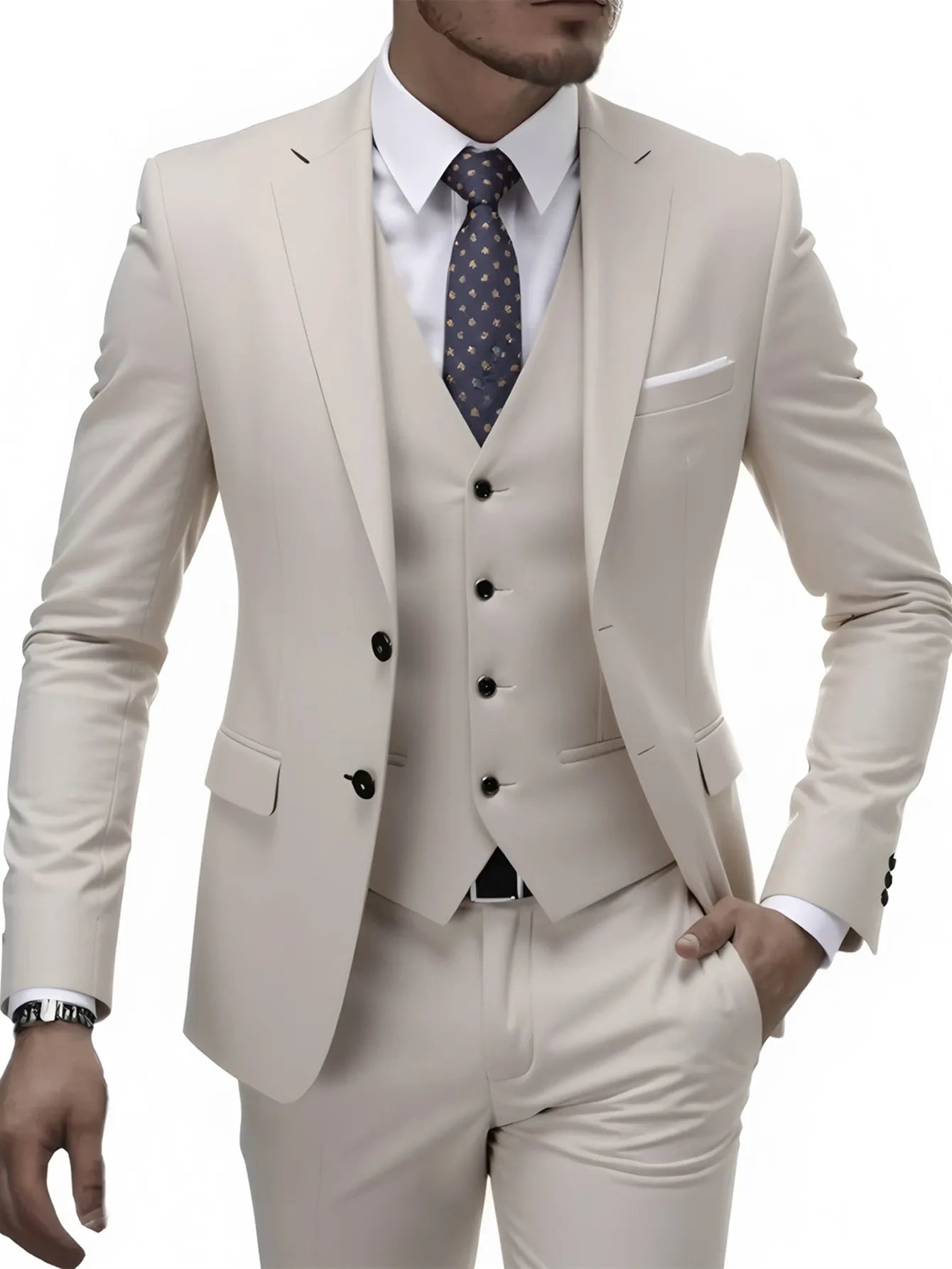 Men'S Wedding Best Man Dress Suit | New Business Casual Suit Set, Regular Fit, Lapel Collar, Solid Color, Button Details