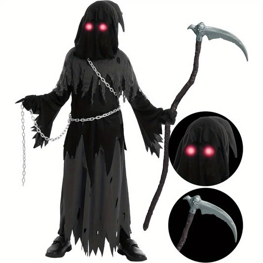 Halloween Costume Glowing Eyes Grim Reaper Costume for Kids 5-12 years Boys Halloween Dress-up Party