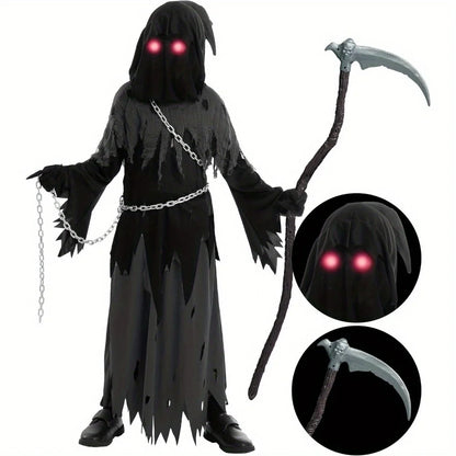 Halloween Costume Glowing Eyes Grim Reaper Costume for Kids 5-12 years Boys Halloween Dress-up Party