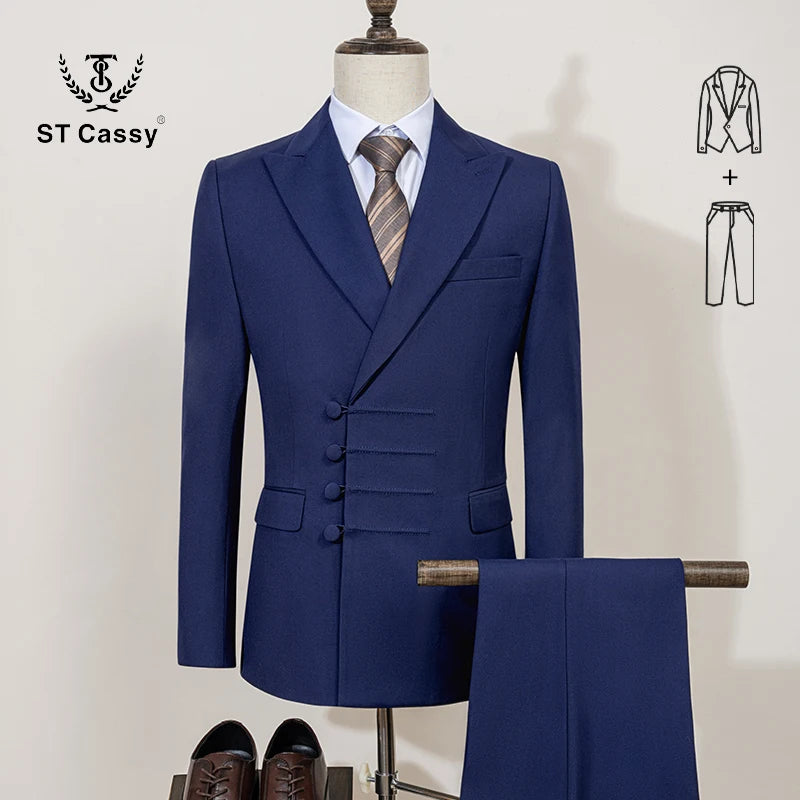 ST Cassy Elegant Men Suit for Wedding Slim Fit Double Breasted Multiple Buttons Casual Business Man 2 Piece Set Party Outfit