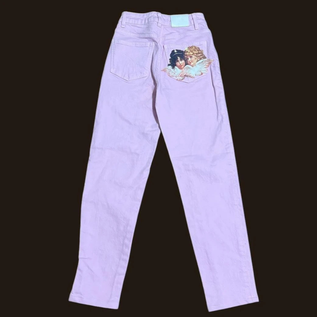 Y2K Light Pink Baggy Straight Leg Jeans Womens Clothing Harajuku Classic Angel Graphic Printed Trousers Gothic High Waist Pants