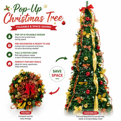 Pre Decorated Foldable Christmas Tree Artificial PVC Xmas Tree 5FT 6FT 7FT with Ornaments Space Saving Design LED Light Option