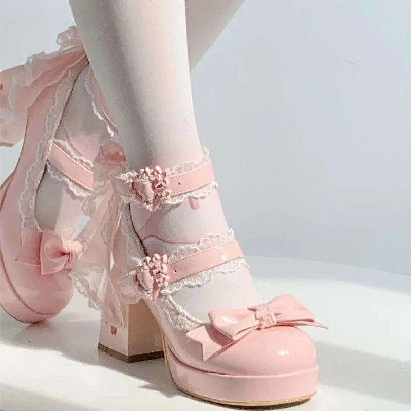 Lovely Girls Pink Lolita Butterfly Knot High Heels Platform Shoes for Women Cute Sakura Dress Mary Janes Beige Size 34-42
