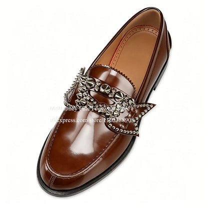 Glossy Silver Spiked Leather No Penny Loafers Men Round Toe Studded Bow Decor Slip on Dress Shoes Party Nightclub Street Shoes