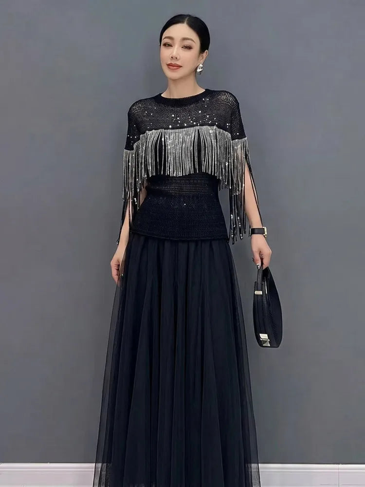 SHENGPALAE Fringe Short Sleeve Knit Top Tulle Maxi Skirt Two Piece Set Elegant Casual Summer Women Outfit 2026 New Summer