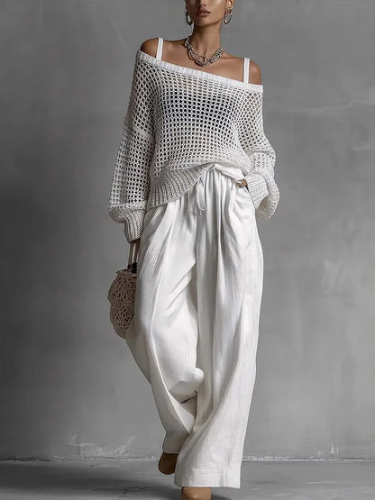 Vintage Women 2 Piece Outfit Off Shoulder Hollow Out Knit Sweater Top Elastic Drawstring Wide Leg Long Pants Casual Matching Set