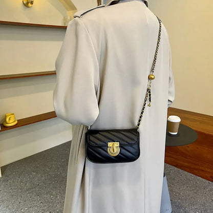 PU Leather Chain Shoulder Bag Leisure Swivel Lock Rhombic Lattice Crossbody Bag Large Capacity Underarm Bag Women Girls