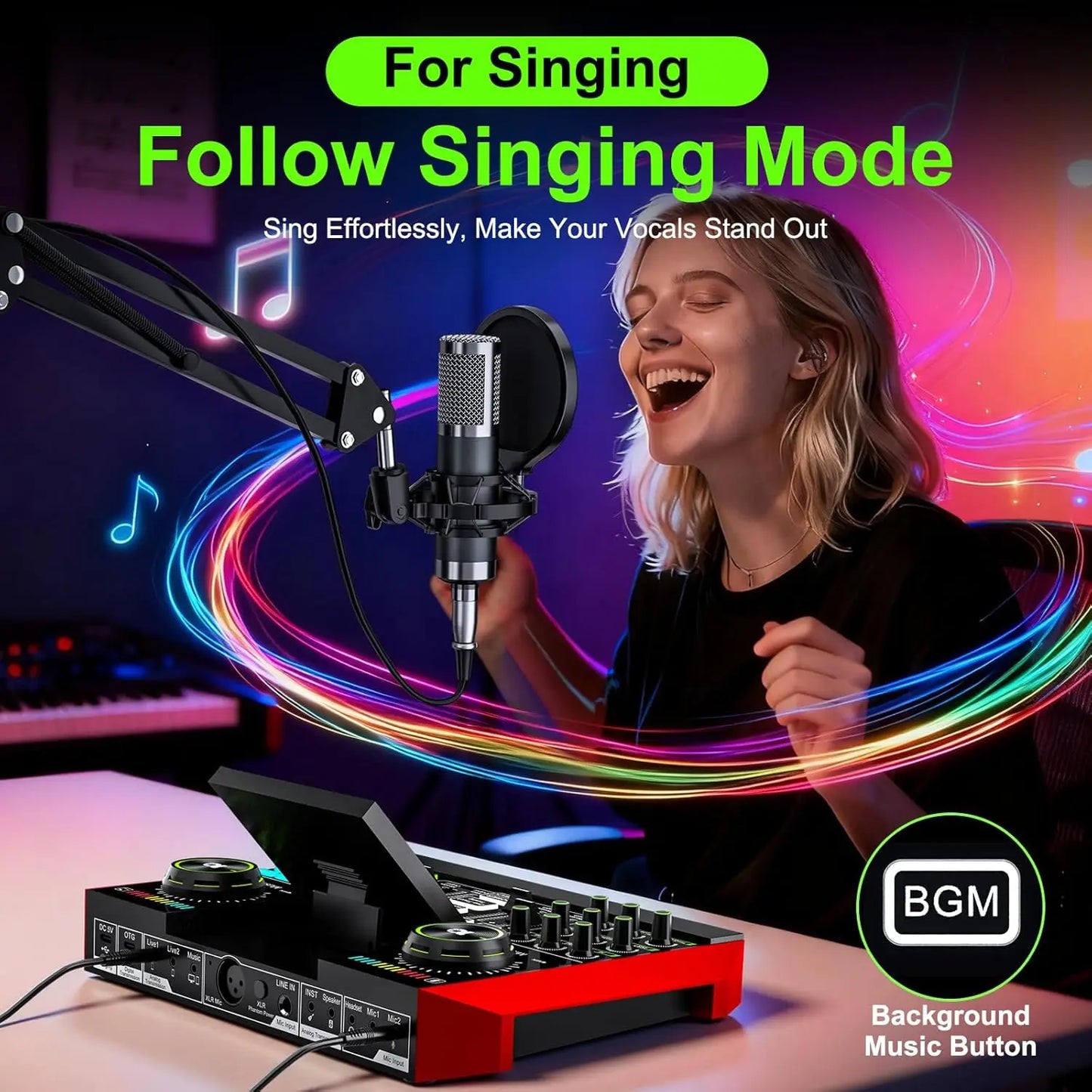Tenlamp  G10-P15-NB25 Podcast Equipment with 3.5mm Condenser Mic, Sound Board,Sound Card for PC/Phone Podcast Recording, Voice Changer, Denoise,Phantom Power,Reverb，G10 Live Streaming Audio Interface Gaming Audio Mixer