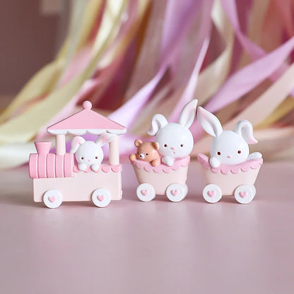1set Pink Bunny Train Cake Topper Cartoon Rabbit Bear Doll Cake Decor Girls Birthday Party Decoration Baby Shower Supplies