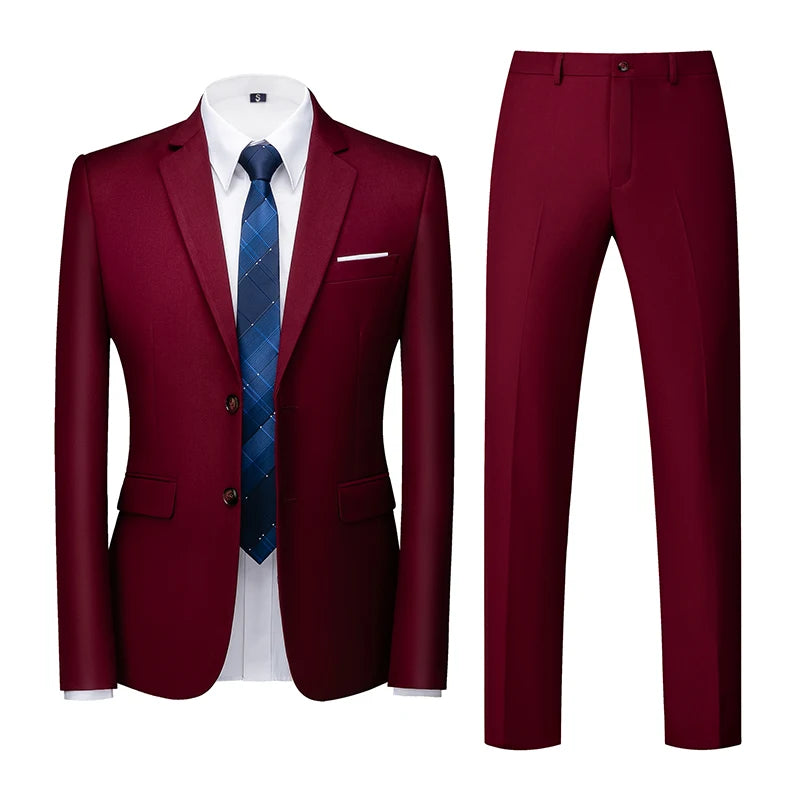 2025 New Solid Two-Button Wedding Suits Set for Men,15 Colors Available Business Casual Slim-Fit Mens Blazer + Pants 2 Piece Set