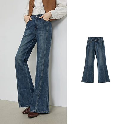 TOYOUTH Women's Glazed Blue Deconstructed Splicing Stretch Cotton Jeans 2026 Autumn New Slim Fit Flared Chic Denim Trousers