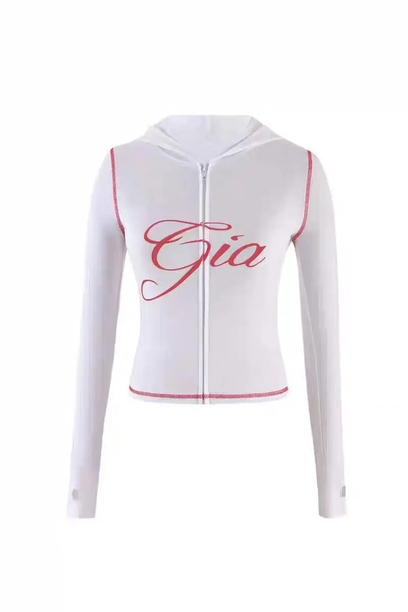 GIA Front Shoulder Slim Fit Jacket Pants Set with Letter Print Design Hooded Zipper Snake Pattern Short Fit Streetwear