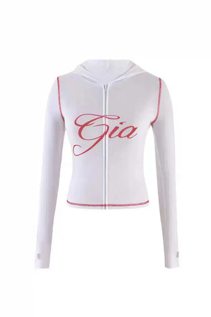 GIA Front Shoulder Slim Fit Jacket Pants Set with Letter Print Design Hooded Zipper Snake Pattern Short Fit Streetwear