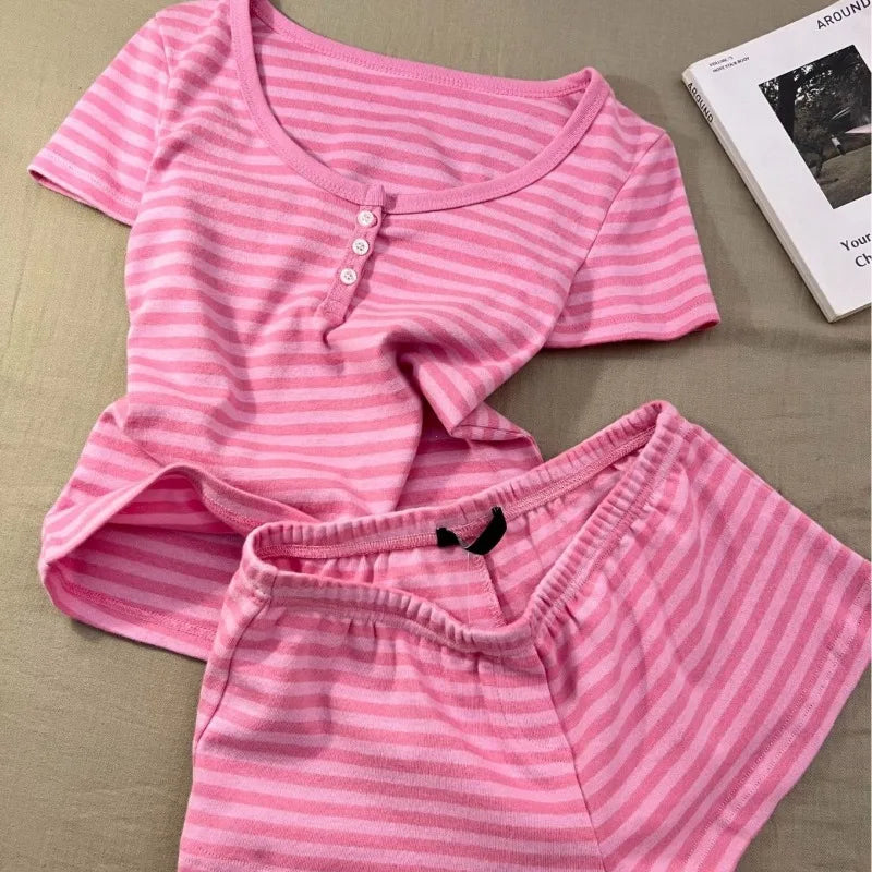 Pink Striped Short Sleeve T-shirt Shorts Set Woman Buttons Slim Tees+Elastic Straight Short Pant Cotton Home Pajama 2 Piece Sets