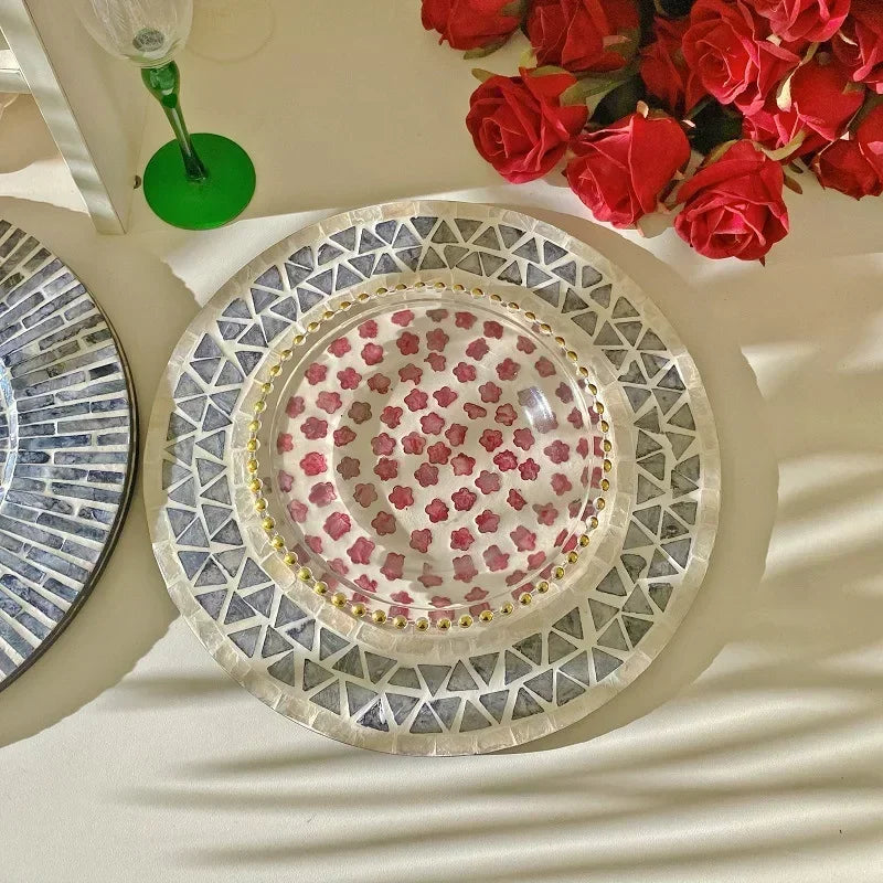 Decorative Plate Natural Shell Wood Plates Set Golden Beads Glass Steak Pasta Serving Tray Dinner Decoration Kitchen Tableware