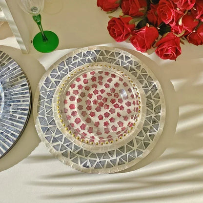 Decorative Plate Natural Shell Wood Plates Set Golden Beads Glass Steak Pasta Serving Tray Dinner Decoration Kitchen Tableware