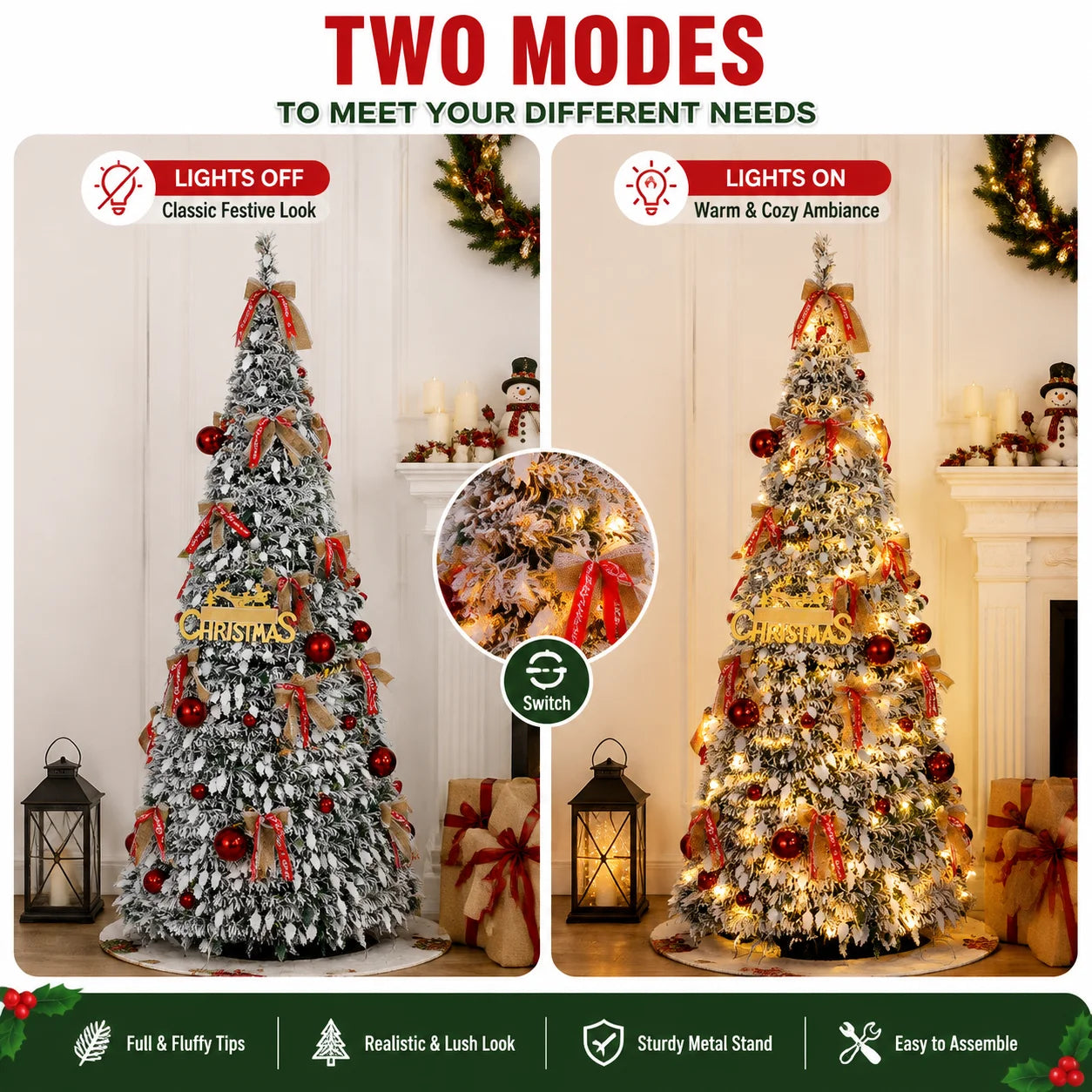 Foldable Christmas Tree with LED Lights Snow Flocked Artificial Xmas Tree Slim Space Saving Party Home Holiday Decoration