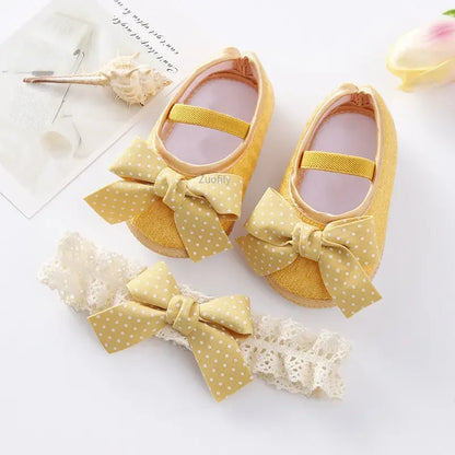 Spring Infant Baby Girl Shoes Newborn Lace Flowers Headband Anti-Slip Soft Sole First Walkers Toddler Kids Cotton Baptism Shoes