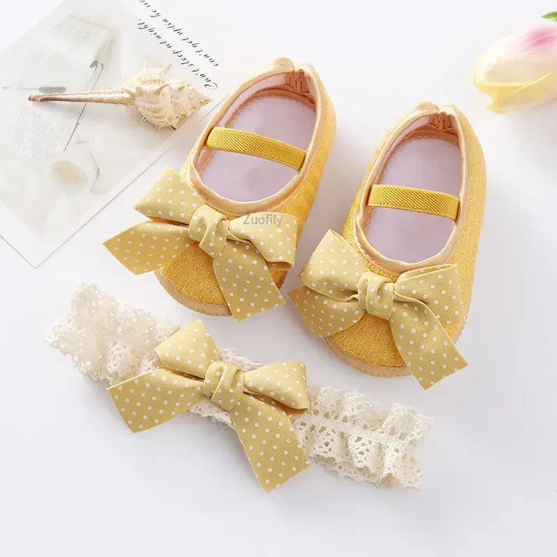 Spring Infant Baby Girl Shoes Newborn Lace Flowers Headband Anti-Slip Soft Sole First Walkers Toddler Kids Cotton Baptism Shoes
