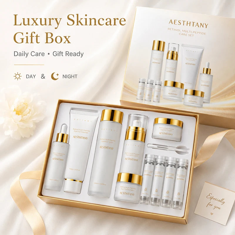 7PCS Retinol Multi-Peptide Skincare Set Hydrating Face Care Routine Gift Box Toner Cleanser Essence Cream Mask for Smooth Glow