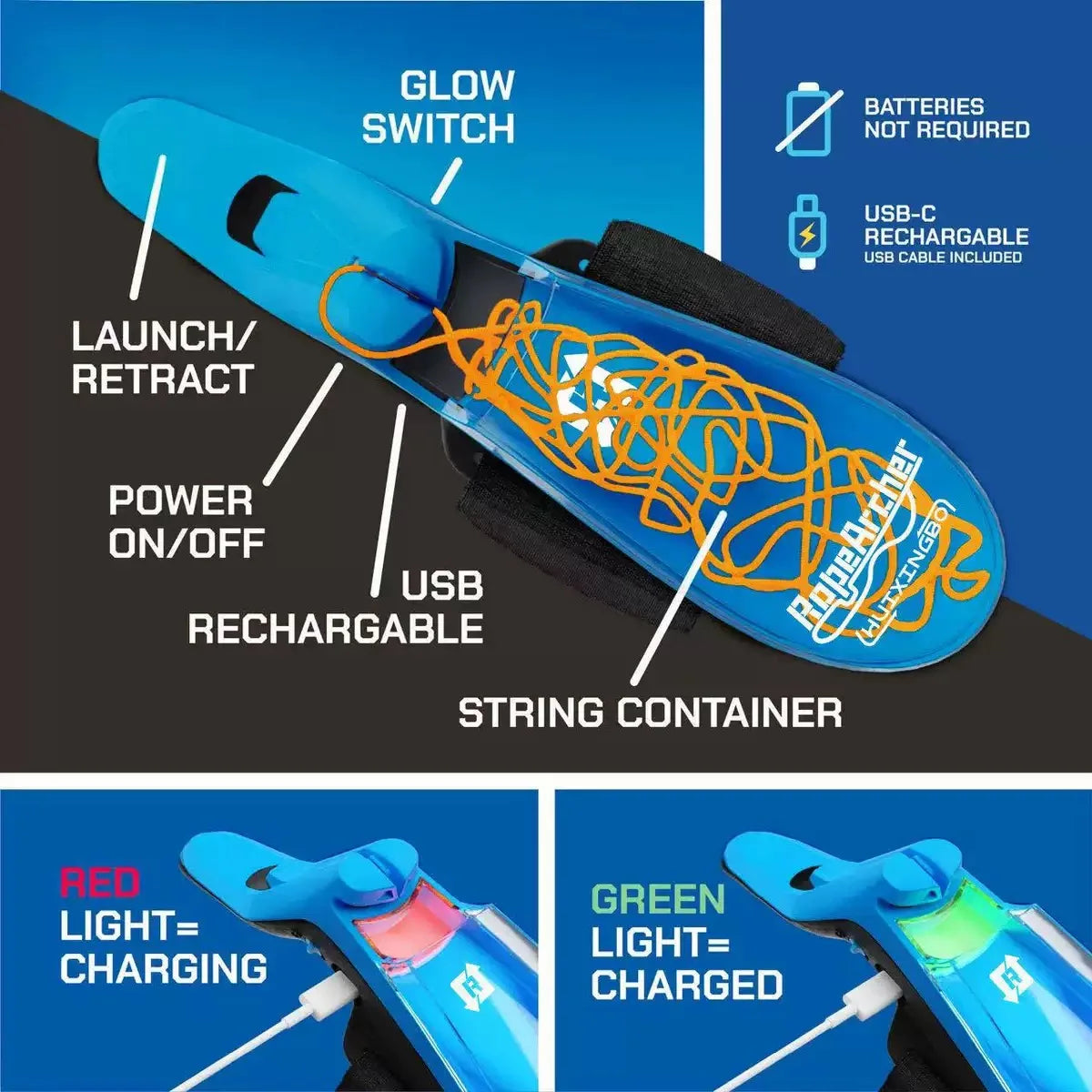 Auto Retract Spider Silk Wrist Launcher, Luminous String Shooter USB Charging Cosplay Toy
