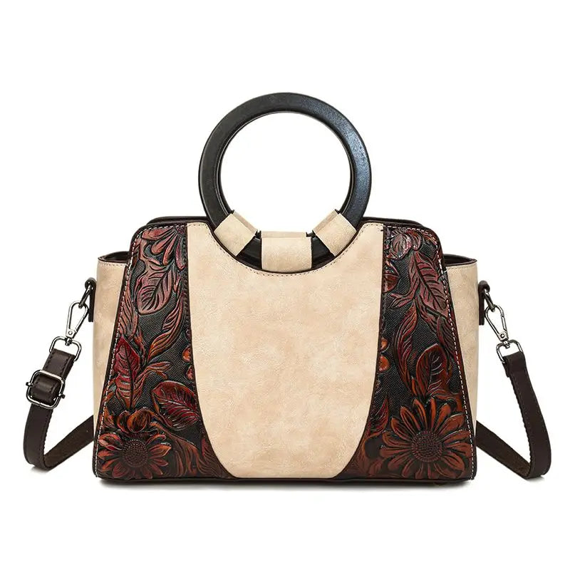 2026 New Vintage Chinese Leather Carved Leather Handbag Women Embossed Versatile Cheongsam One-shoulder Crossbody Mother Bag