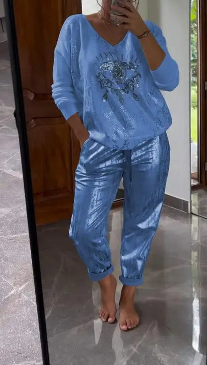 Plus-size Suit Women's Casual Fashion Metal Eye Decoration Long-sleeved Shirt Casual Pants Plus-size Women's Clothing 2025