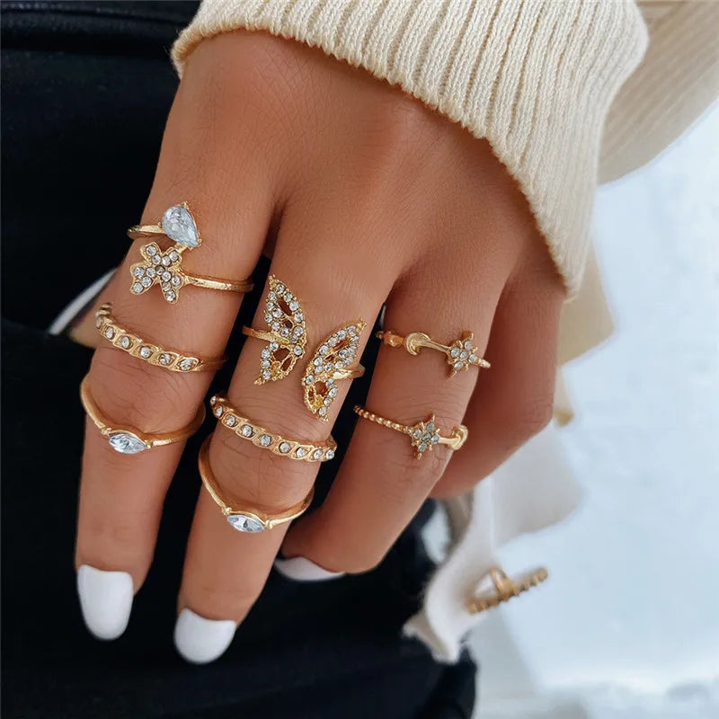 Silver Color Crystal Rings Set for Women, Cubic Zirconia Moon Arrow Flower Heart Finger Wedding Rings, Female Fashion Jewelry