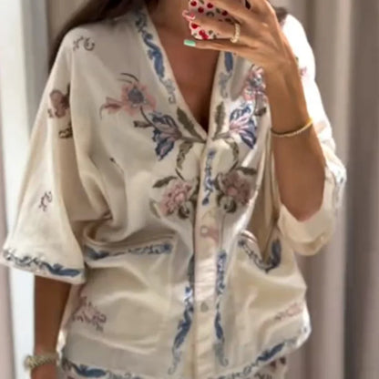 Floral Embroidered Linen-Blend Kimono Half-Sleeve Shirt & Lace Trim Shorts 2-Piece Set 2026 Summer Casual Women Office Outfit