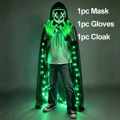 Wireless LED Neon Purge Mask & Fiber Optic Gloves, Scary Glow In Dark Mask for Halloween Carnival Cosplay Bar Birthday Party
