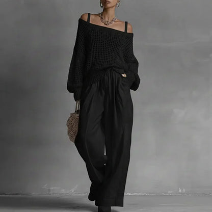 Off Shoulder Hollow Knit Womens 2 Piece Set Long Sleeve High Waist Wide Leg Pants Outfit Casual Loose Summer Beach Vacation Suit