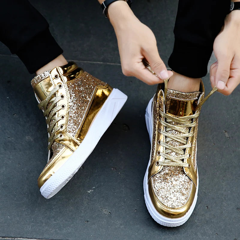 Men's Glitter High Top Sneakers Shiny Party Stage Shoes Casual Fashion Footwear Tênis Alto Brilhante Zapatillas Altas Brillantes