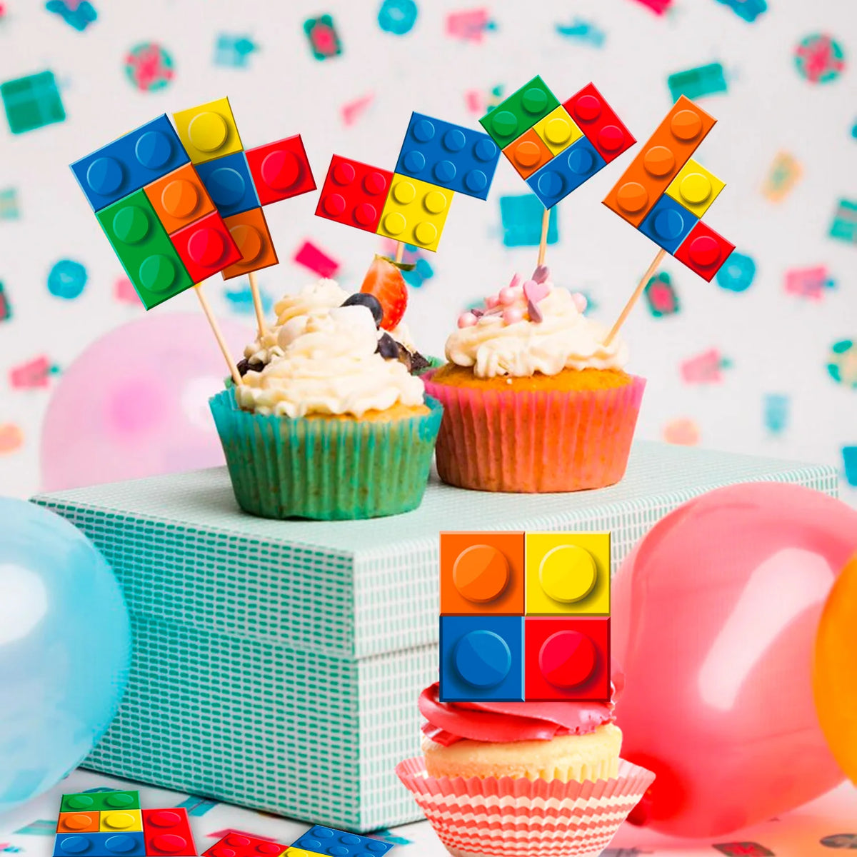 Building Blocks Cake Topper, 24 Pcs Building Block Birthday Party Cupcake Toppers + 1 Pcs Building Block Birthday Cake Topper