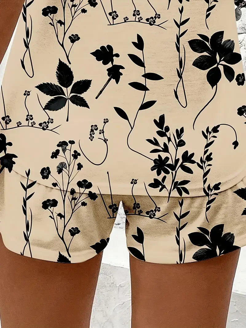 Women's Spring/Summer Fashion Two-Piece Set - Floral Print Sleeveless T-Shirt + Floral Print Shorts Set