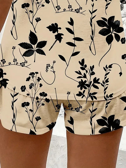 Women's Spring/Summer Fashion Two-Piece Set - Floral Print Sleeveless T-Shirt + Floral Print Shorts Set