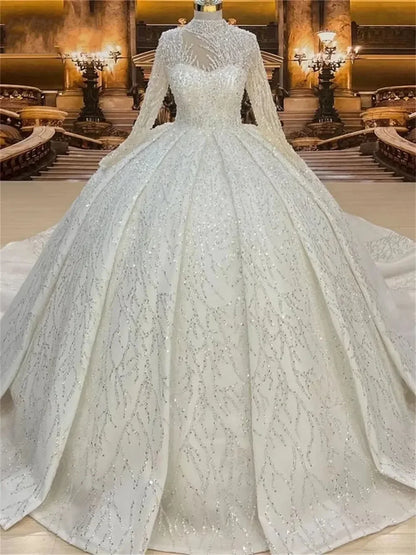 Customized Ball Gown Wedding Dresses High Neck Sequins Long Sleeve Dresses Arabic Bridal Gown Vestidos De Novia amanda novias