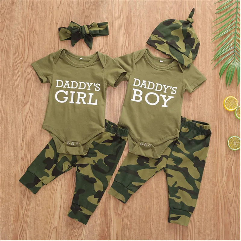 0-24months Baby 3pcs Outfits Short Sleeve Romper Tops Long Pants Hat/Headband Outfit For Infant Boys And Girls Camouflage Set