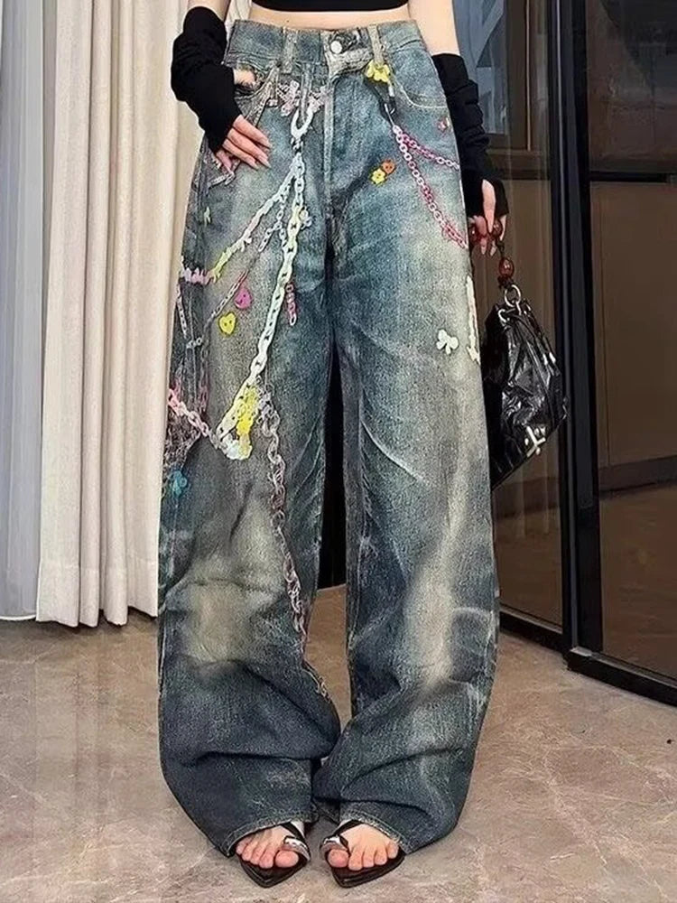 Y2K 3D Printed Jeans Girls Flower Chain American Style Versatile High Waisted Loose Straight Leg Floor Pants