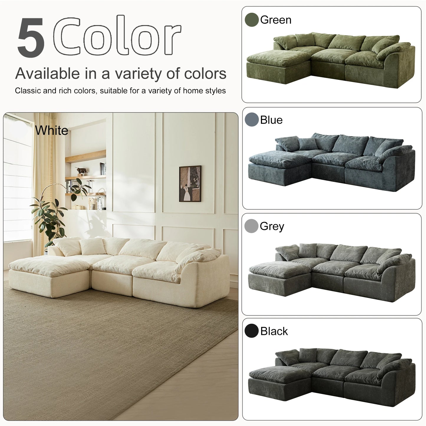 Modern Cloud L-Shaped 3-Seater Oversized Deep Seat Chenille Fabric Sofa Green Modular Sectional with Ottoman