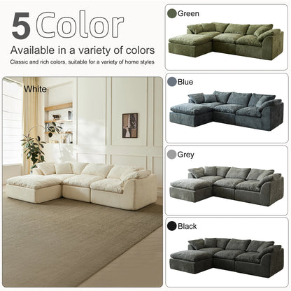 Modern Cloud L-Shaped 3-Seater Oversized Deep Seat Chenille Fabric Sofa Green Modular Sectional with Ottoman