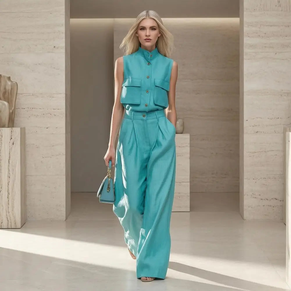 Elegant Sleeveless 2 Piece Sets Sleeveless Shirt Two Piece Outfit Stand Collar Pocket Blouse High Waisted Wide Leg Pants Sets
