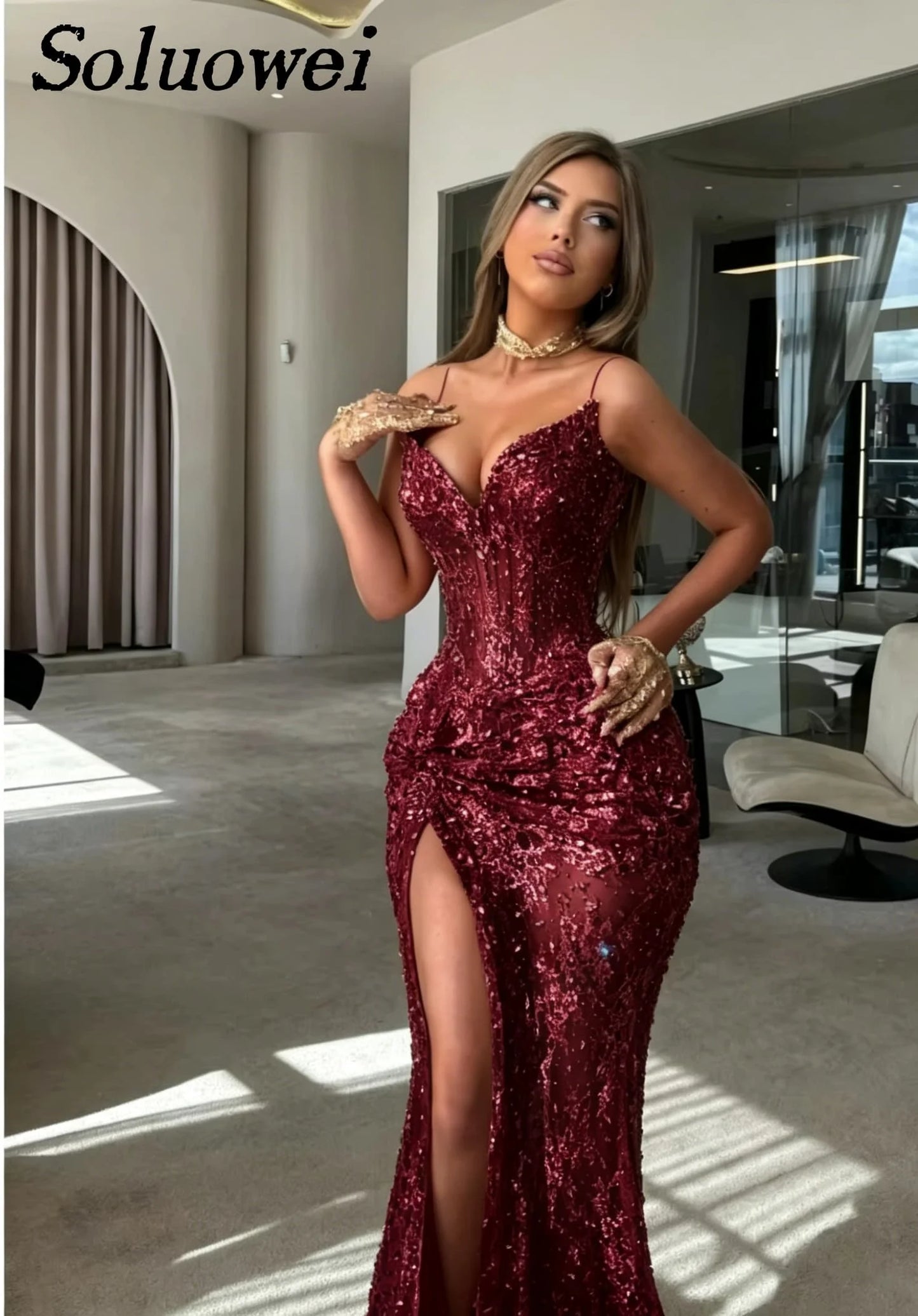 Customized Elegant Strapless Sweetheart Evening Dresses Corset Beaded Slit Luxury Mermaid Formal Prom Gown Vestidos De Noche